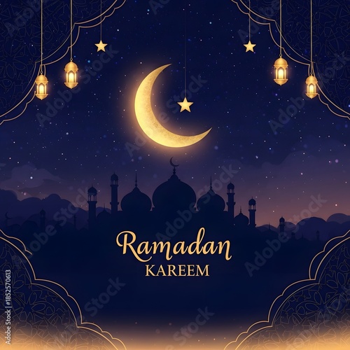 Ramadan kareem greeting card with mosque silhouette and crescent moon