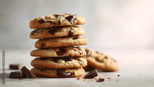 Stack of fresh homemade chocolate chip cookies on a table