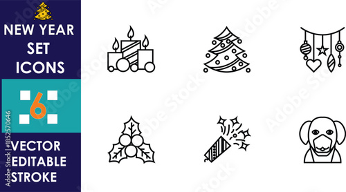 Minimal line icons set for New Year featuring candle car, Christmas tree, decorations, party popper, fireworks, gifts, dog illustration, editable vector stroke design collection