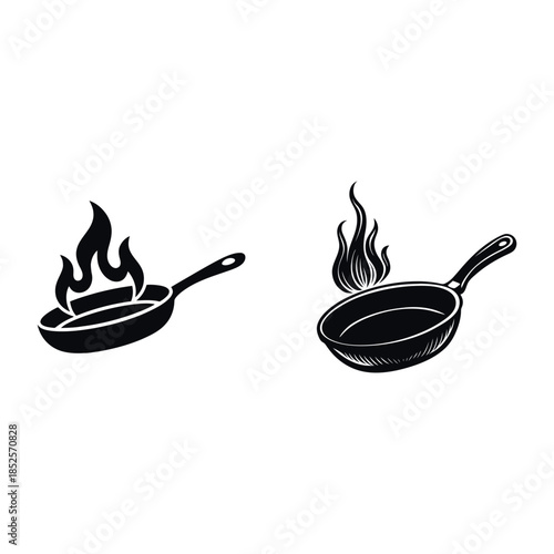 Vector illustration of a kitchen cooking frypan with spoon and fork containing red hot chili sauce and steaming soup breakfast beverage icon for restaurant design