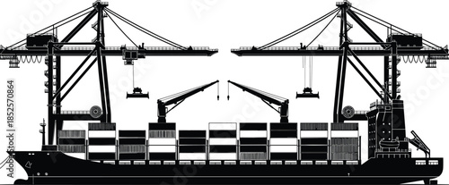 Black Silhouette of a Large Container Cargo Ship Being Loaded by Industrial Gantry Cranes, Illustrating Global Logistics, Maritime Freight, and Seaport Operations.