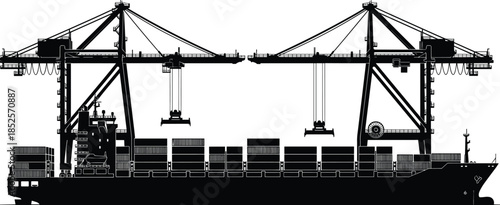 Large International Container Ship Undergoing Loading Operations by Massive Twin Port Cranes, Representing Global Import-Export and Supply Chain Management.