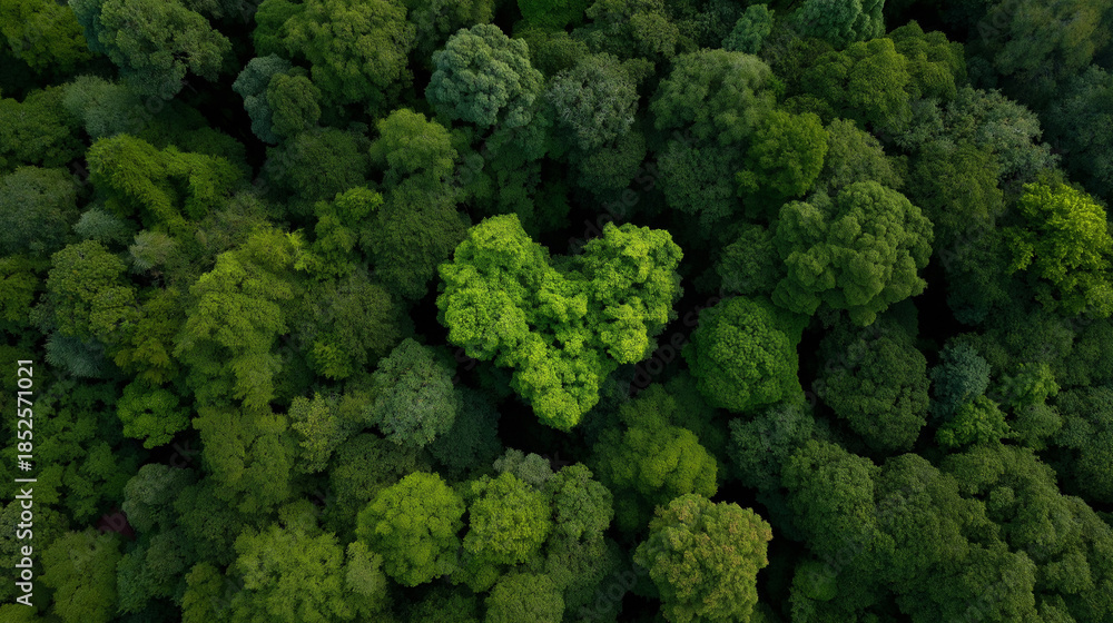 Naklejka premium Aerial view of a lush green forest forming a heart shape symbolizing nature and sustainability.