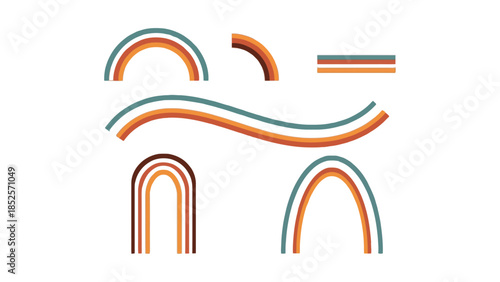 Set of abstract colorful rainbow shapes with retro aesthetic