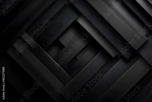 Overlapping dark rectangular panels form a geometric pattern in a black abstract background.