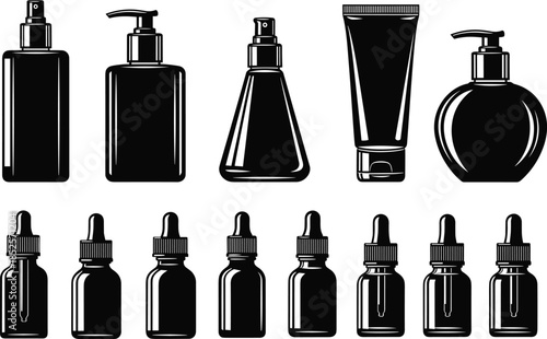 Set of Black Cosmetic Product Container Silhouettes, Including Bottles, Tubes, Droppers, and Dispensers, Representing Skincare, Beauty, and Pharmaceutical Packaging.