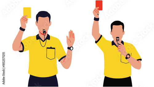 Sports referee showing yellow and red cards, signaling game decisions with whistle.
