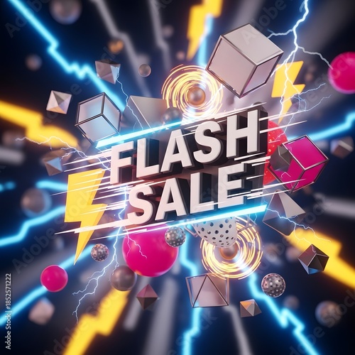 Flash sale banner with geometric shapes and lightning
