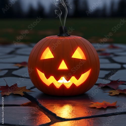 Glowing jack o lantern on stone floor with autumn leaves