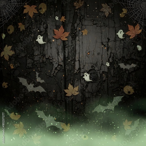 Spooky halloween scene with ghosts and bats