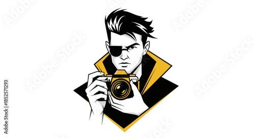 Stylized photographer illustration with camera and sunglasses in vector style
