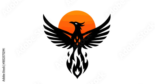 Stylized phoenix silhouette with orange sun graphic design element