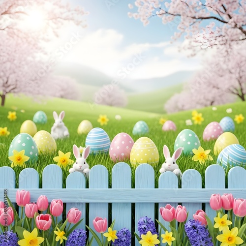 Colorful easter eggs and bunnies in a blooming garden scene