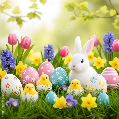 Easter bunny and eggs in a vibrant floral setting