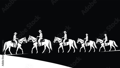 Horizontal Silhouette Banner of Five Cowboys Riding Horses in a Row, Illustrating Western Pioneers, Old West History, Trail Riding, and Group Horseback Travel.