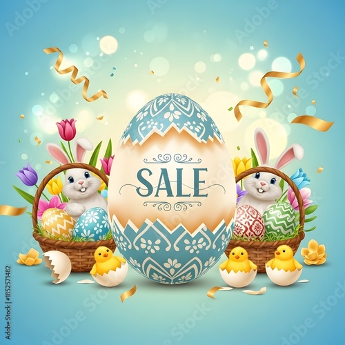 Easter sale promotion with decorated eggs and rabbits