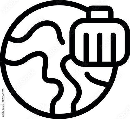 Simple yet impactful line art icon representing worldwide travel and tourism, with a suitcase placed on the earth