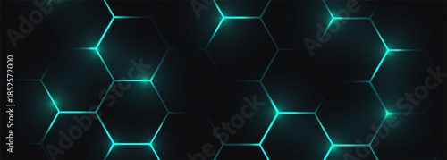 Dark hexagonal abstract technology background with blue colored bright flashes under hexagon. Honeycomb gaming vector tech wide illustration.