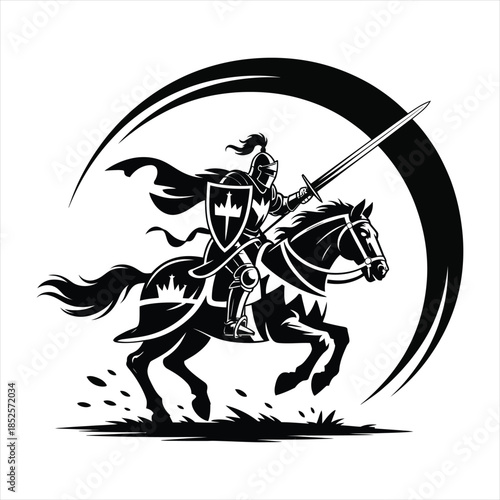 Epic Medieval Knight Charging on Horseback - Warrior Silhouette with Shield and Spear