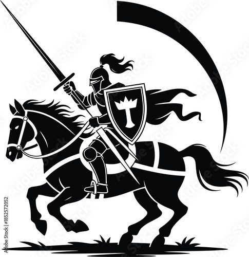 Galloping Knight on Horseback with Dynamic Arc - Medieval Warrior Mascot Logo