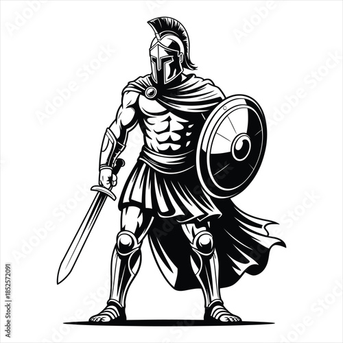 Spartan Warrior Silhouette with Shield and Sword - Ancient Greek Hero Illustration