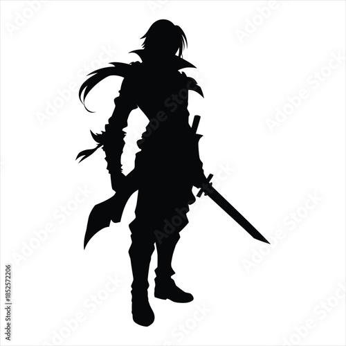 Medieval Warrior Woman Silhouette - Standing Heroine with Long Sword Vector