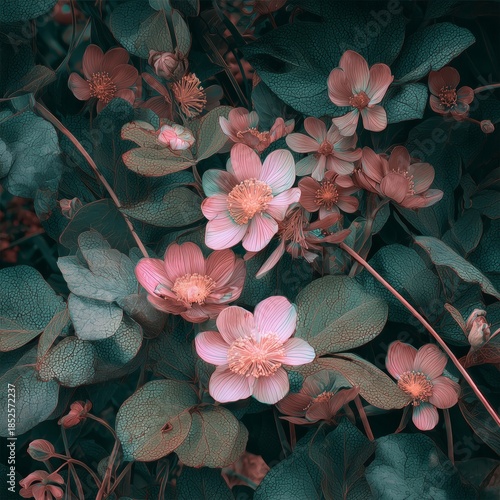 Delicate Pink Flowers And Rich Layered Foliage Evoke Intimate Garden Elegance Perfect For Branding