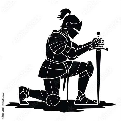 Detailed Silhouette of Kneeling Medieval Knight - Warrior in Armor with Sword