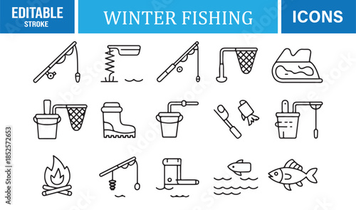Editable outline winter fishing icons on white background