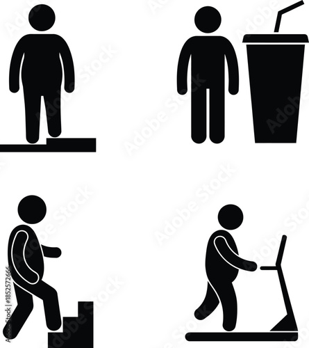 Pictograms depicting overweight individuals engaging in unhealthy habits and exercise