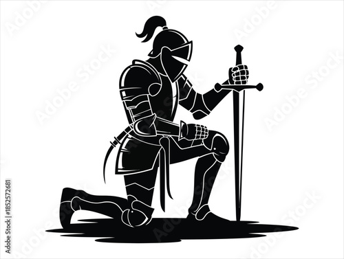 Kneeling Medieval Knight Silhouette - Brave Warrior with Sword Facing Right
