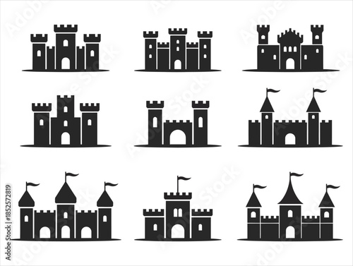 Medieval Castle Icon Set - Minimalist Fortress and Tower Vector Silhouettes
