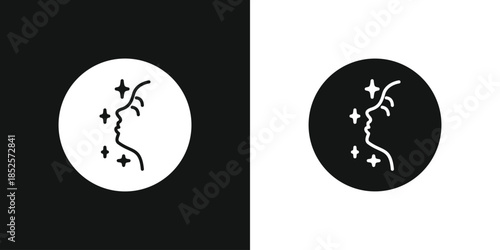 Glowing skin icon set featuring a woman profile with sparkles for beauty, skincare, and healthy radiant face treatments