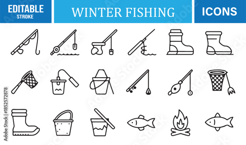 Cold season fishing and angler symbol collection
