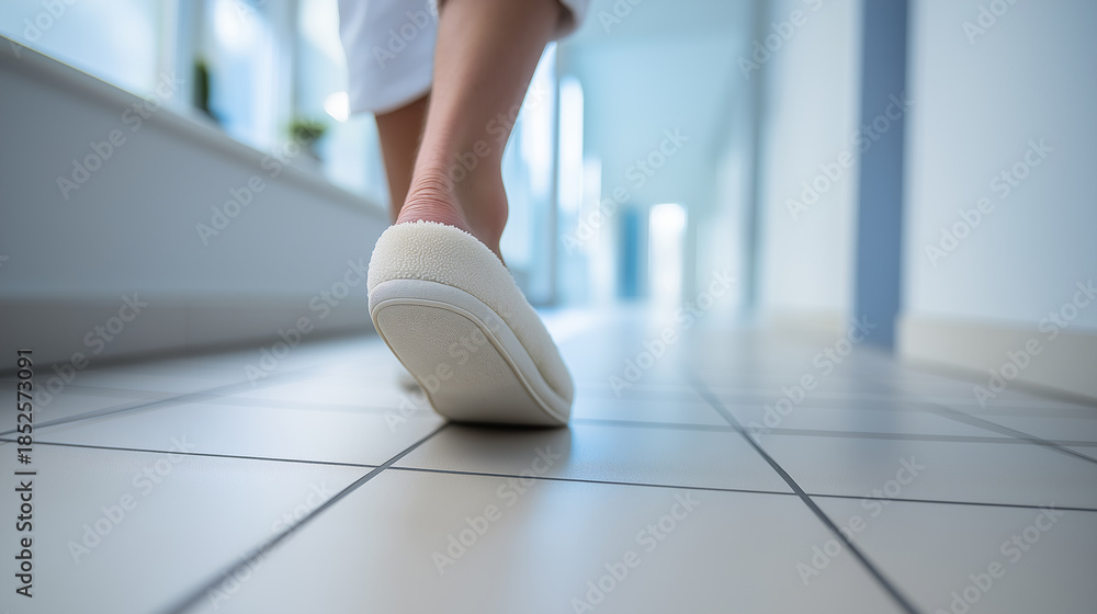 Naklejka premium Patient wearing hospital slippers walking down a corridor symbolizing healthcare, recovery, and mobility. 