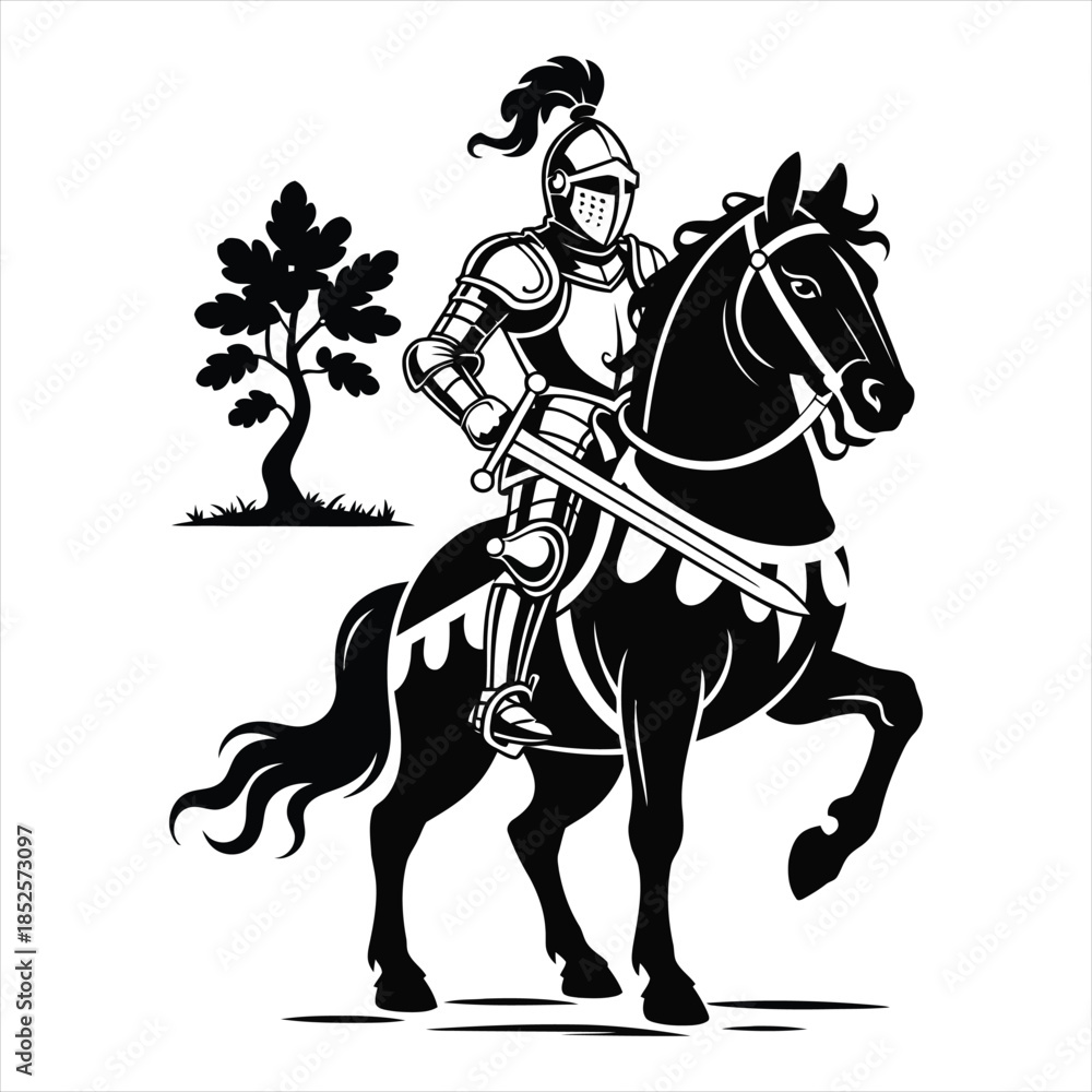 Fototapeta premium Medieval Warrior on Horse Near Tree Silhouette Illustration