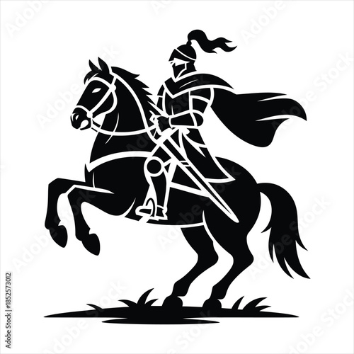 Medieval Knight on Horseback Silhouette - Warrior with Sword Vector