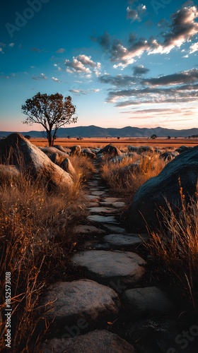 Romantischer Naturpfad durch Graslandschaft bei Sonnenuntergang
