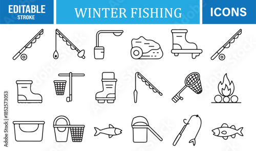 Winter fishing and ice angling outline icons set