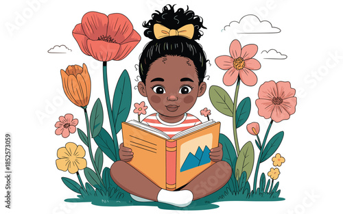 Young girl reading book surrounded by colorful flowers