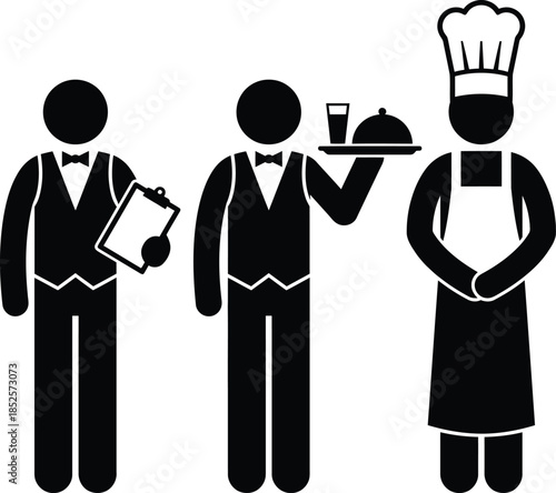 Restaurant staff including a waiter, a server, and a chef