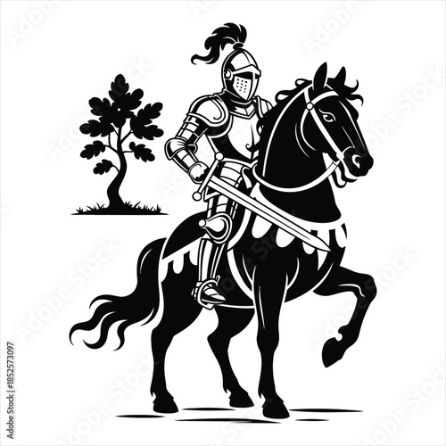 Medieval Warrior on Horse Near Tree Silhouette Illustration