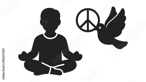 Person meditating in peaceful lotus pose with peace symbol bird flying nearby