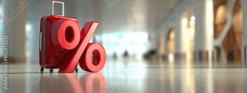 Red suitcase shaped as percent symbol standing in airport terminal. Concept of travel discount, tourism promotion and holiday sale. banner 