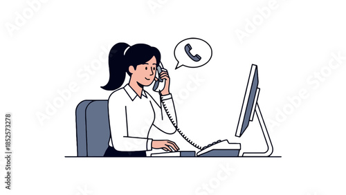 Professional woman in office taking a call on landline phone with computer nearby