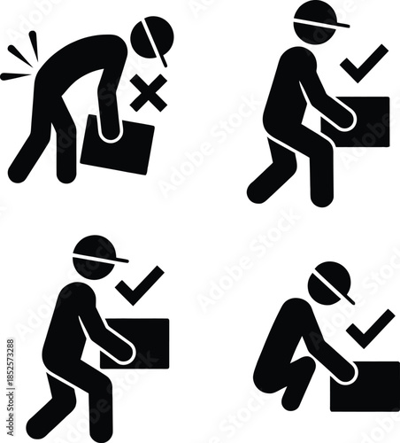 Correct and incorrect lifting techniques depicted in four icons