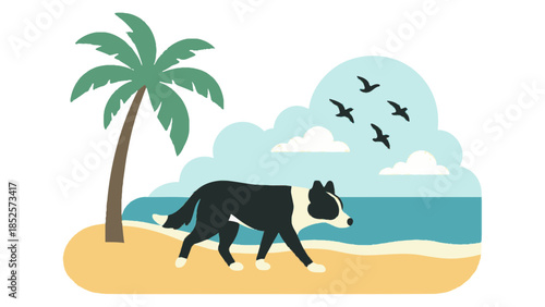 A playful dog enjoys a sunny day on a tropical beach with birds flying overhead