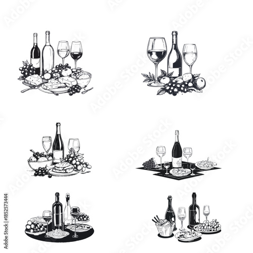 La Dolce Vita Italian Sicily Style Hand-Drawn Ink Sketch Collection of Food and Wine