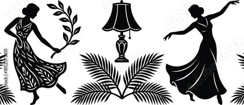 Vintage Art Deco Silhouette of Two Flapper Dancers, Tropical Palm Leaves, and Lamp, Capturing Roaring Twenties Fashion and Retro Jazz Age Style.