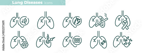 Medical line icon collection showing pulmonary diseases, breathing disorders, and chest conditions. Vector symbols for healthcare, oxygen therapy, and chronic illness awareness.